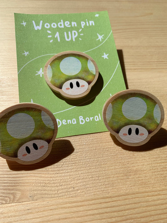Pin de madera natural, Champiñon verde 1UP Super Mario, Nintendo Switch