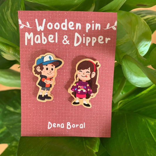Mabel & Dipper Pin Doble Gravity Falls Pin de Madera Natural