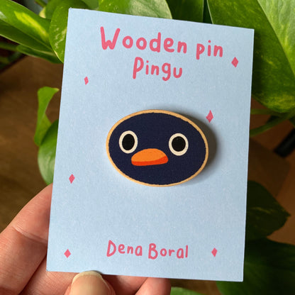 Pin de Madera Pingu Cara | Pingu Face Wooden Pin Badge | Meme Pingu
