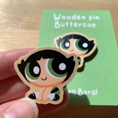 Pin de Madera Cactus Las Supernenas | Buttercup The Powerpuff girls Wooden Pin Badge | Las chicas superpoderosas