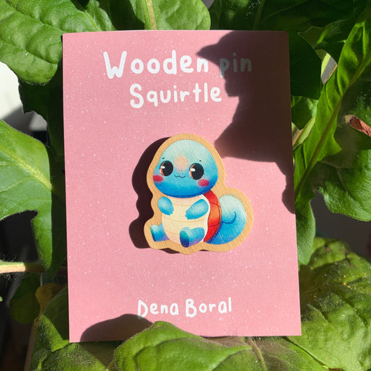 Squirtle-poke Wooden Pin Badge Original Gift Inspired Fanart | Eco Friendly | Natural