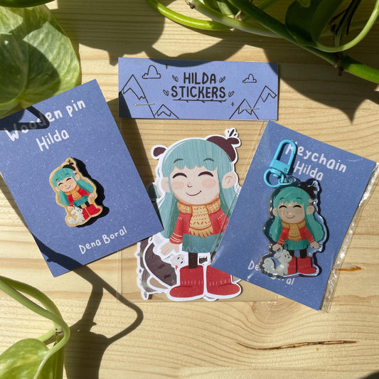 Hilda Fan Pack: Pegatinas, Llavero y Pin de Madera de Hilda