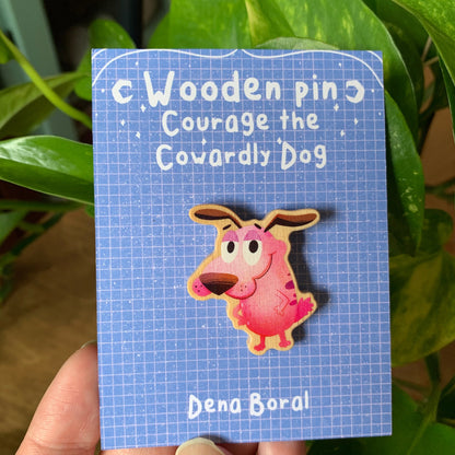 Pin de Madera Agallas el perro cobarde | Courage The Cowardly Dog Natural Wooden Pin Badge | ECO Friendly Pine Wood