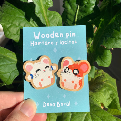 2 Pin Pack Hamtaro y Lacitos Bijou Pin de Madera Natural Ecofriendly Broche Mochila