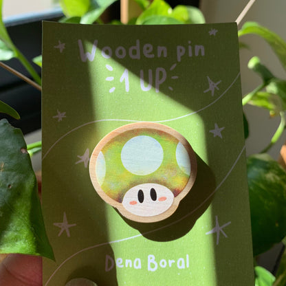 Pin de madera natural, Champiñon verde 1UP Super Mario, Nintendo Switch