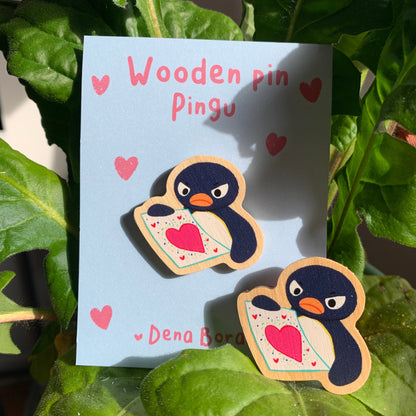 Pin de Madera Pingu enfadado San Valentin | angry pingu Wooden Pin Badge | Angry Pingu San Valentin