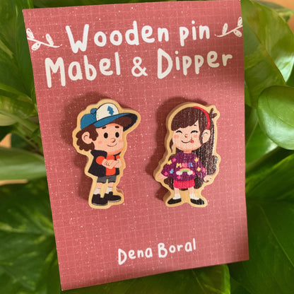 Mabel & Dipper Pin Doble Gravity Falls Pin de Madera Natural