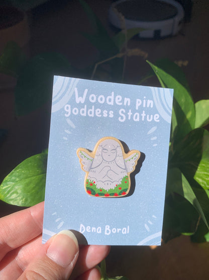 Pin de Madera Zelda Estatua | Zelda Goddess Statue Natural Wooden Pin Badge | ECO Friendly Pine Wood