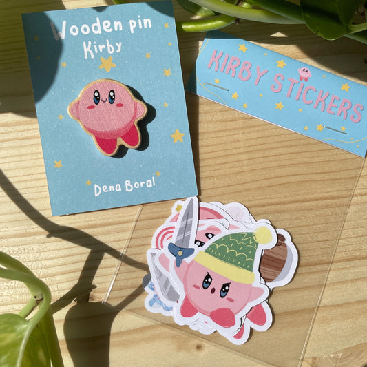 Kirby Fan Pack, Pegatinas y pin de madera natural de la colección Kirby, fanart de Nintendo