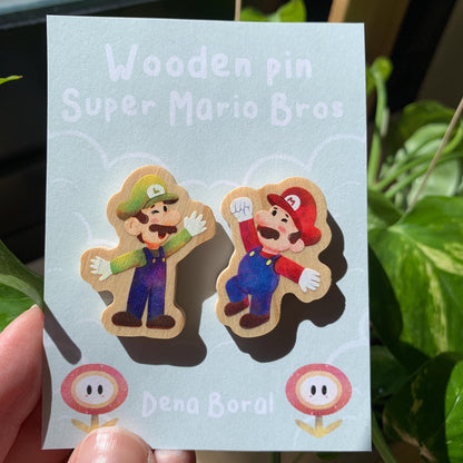 Mario & Luigi Doble Pin de madera natural, Super Mario Bros, Nintendo Switch