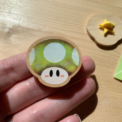 Pin de madera natural, Champiñon verde 1UP Super Mario, Nintendo Switch