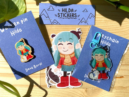 Hilda Fan Pack: Pegatinas, Llavero y Pin de Madera de Hilda