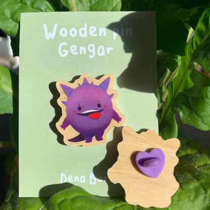 Gengar-Poke Wooden Pin Badge Original Gift Inspired Fanart | Eco Friendly | Natural