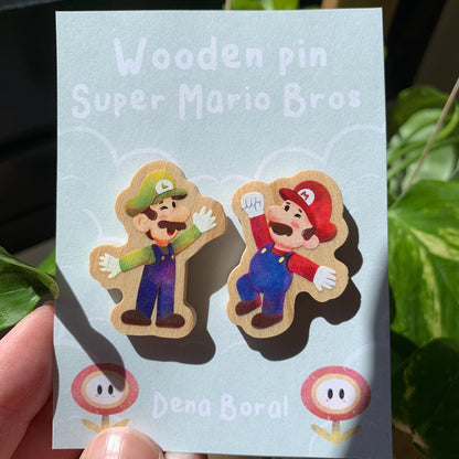 Mario & Luigi Doble Pin de madera natural, Super Mario Bros, Nintendo Switch