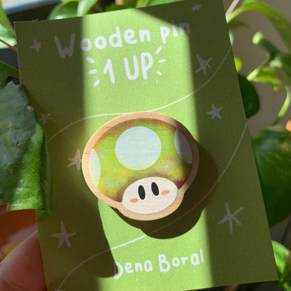 Pin de madera natural, Champiñon verde 1UP Super Mario, Nintendo Switch