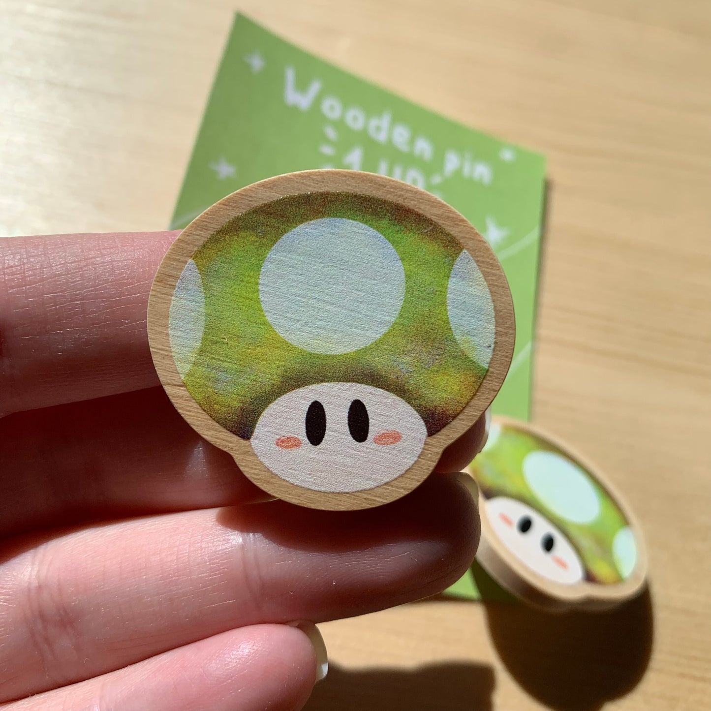 Pin de madera natural, Champiñon verde 1UP Super Mario, Nintendo Switch