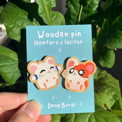 2 Pin Pack Hamtaro y Lacitos Bijou Pin de Madera Natural Ecofriendly Broche Mochila