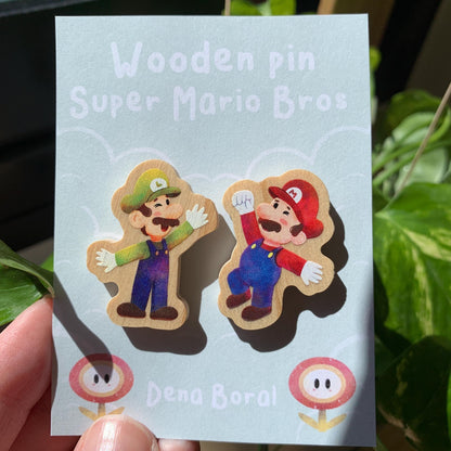 Mario & Luigi Doble Pin de madera natural, Super Mario Bros, Nintendo Switch