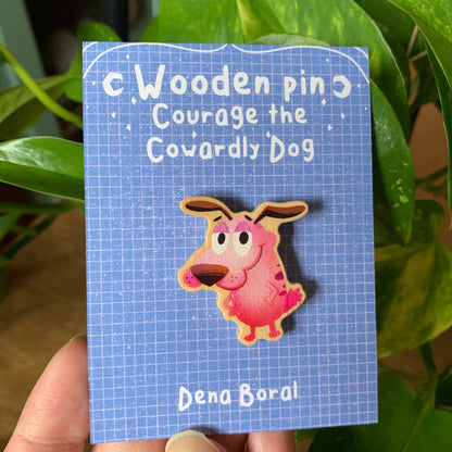 Pin de Madera Agallas el perro cobarde | Courage The Cowardly Dog Natural Wooden Pin Badge | ECO Friendly Pine Wood