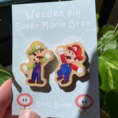 Mario & Luigi Doble Pin de madera natural, Super Mario Bros, Nintendo Switch