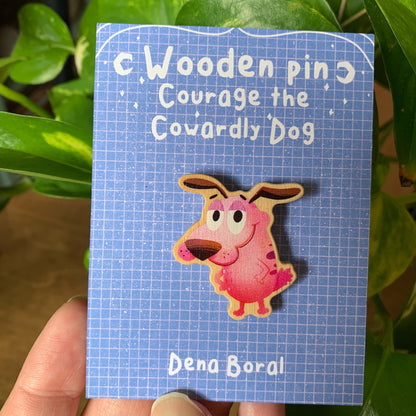 Pin de Madera Agallas el perro cobarde | Courage The Cowardly Dog Natural Wooden Pin Badge | ECO Friendly Pine Wood