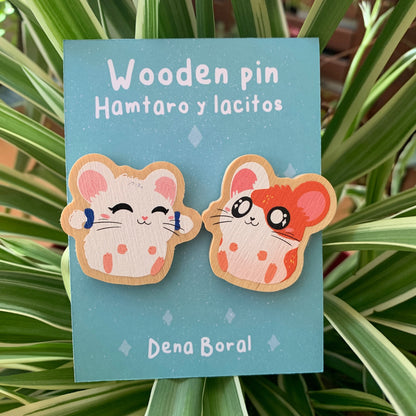 2 Pin Pack Hamtaro y Lacitos Bijou Pin de Madera Natural Ecofriendly Broche Mochila