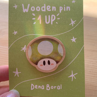 Pin de madera natural, Champiñon verde 1UP Super Mario, Nintendo Switch