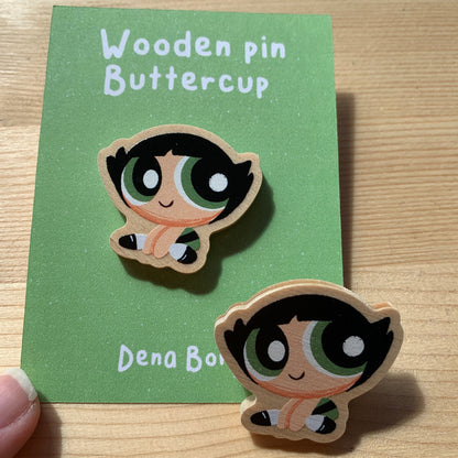 Pin de Madera Cactus Las Supernenas | Buttercup The Powerpuff girls Wooden Pin Badge | Las chicas superpoderosas