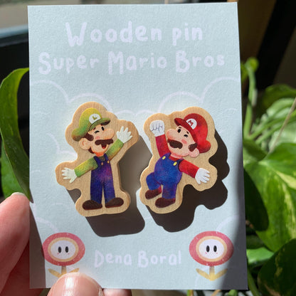 Mario & Luigi Doble Pin de madera natural, Super Mario Bros, Nintendo Switch