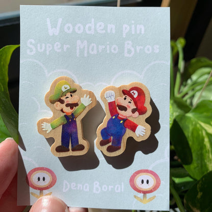 Mario & Luigi Doble Pin de madera natural, Super Mario Bros, Nintendo Switch