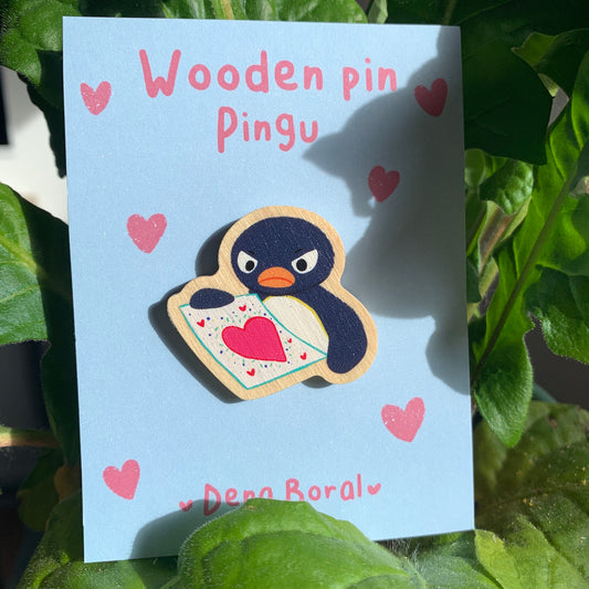Pin de Madera Pingu enfadado San Valentin | angry pingu Wooden Pin Badge | Angry Pingu San Valentin