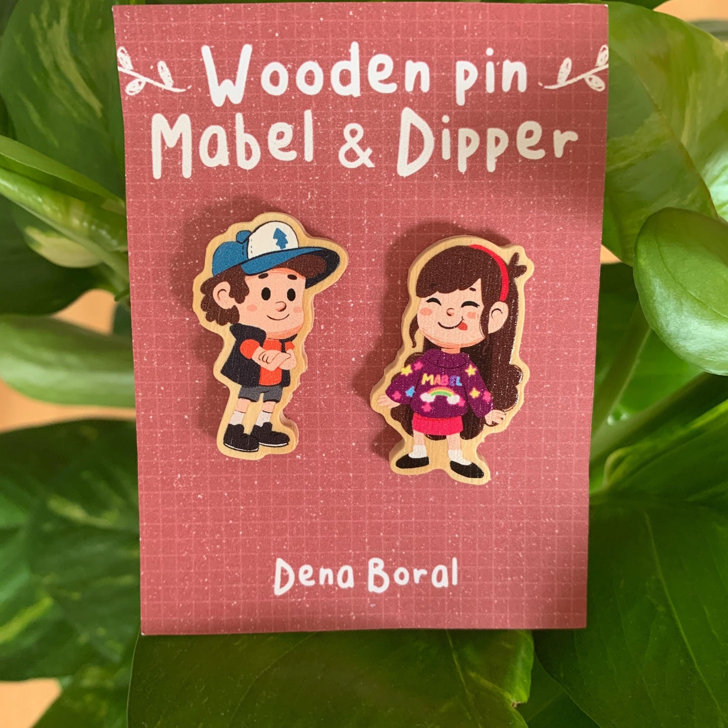 Mabel & Dipper Pin Doble Gravity Falls Pin de Madera Natural
