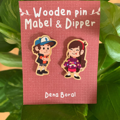 Mabel & Dipper Pin Doble Gravity Falls Pin de Madera Natural