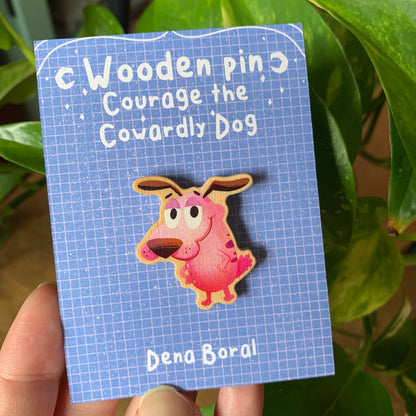 Pin de Madera Agallas el perro cobarde | Courage The Cowardly Dog Natural Wooden Pin Badge | ECO Friendly Pine Wood