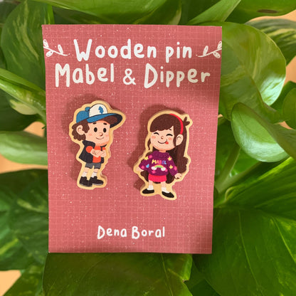 Mabel & Dipper Pin Doble Gravity Falls Pin de Madera Natural