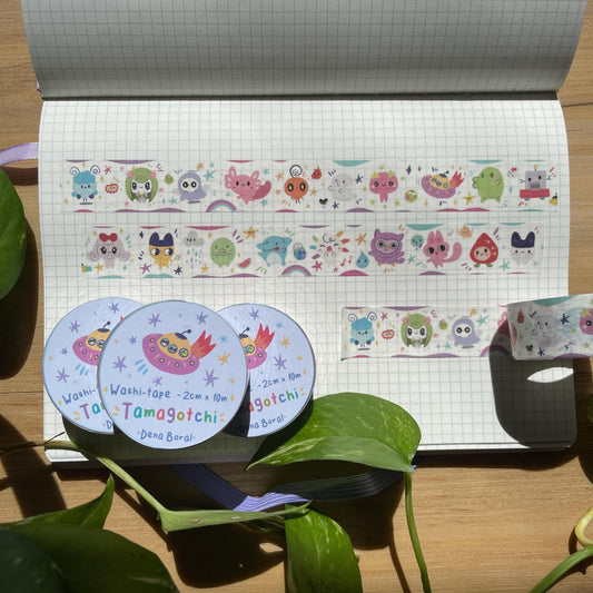 Washi Tape Tamagotchi Ilustrado: Cinta Decorativa Retro y Kawaii de la colección "Tamagotchi Paradise"