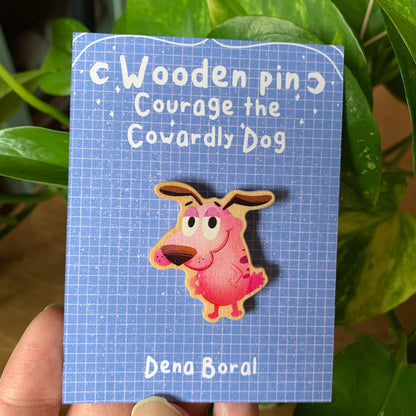 Pin de Madera Agallas el perro cobarde | Courage The Cowardly Dog Natural Wooden Pin Badge | ECO Friendly Pine Wood