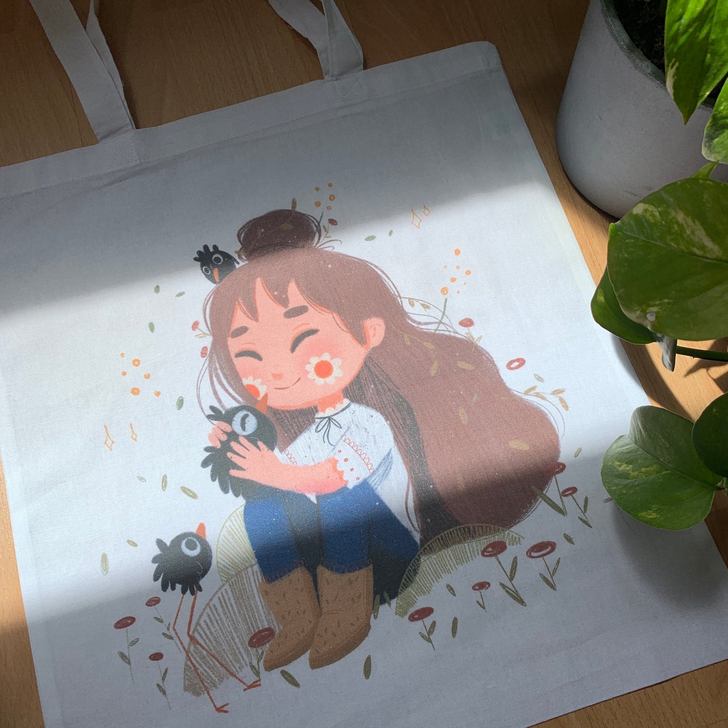 Tote Bag Birds | Bolsa Tela Ilustración Original Dena Boral | 100% Algodón 40x40cm 16x16inch