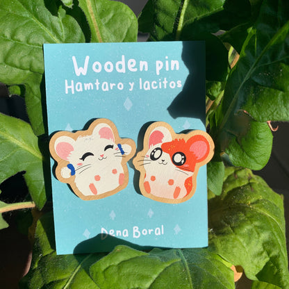 2 Pin Pack Hamtaro y Lacitos Bijou Pin de Madera Natural Ecofriendly Broche Mochila