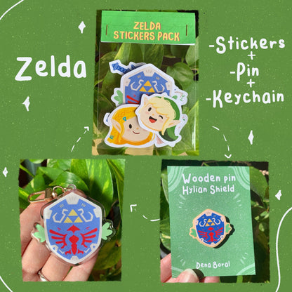 Zelda Fan Pack |  Pegatinas Zelda + Llavero Escudo + Pin Escudo