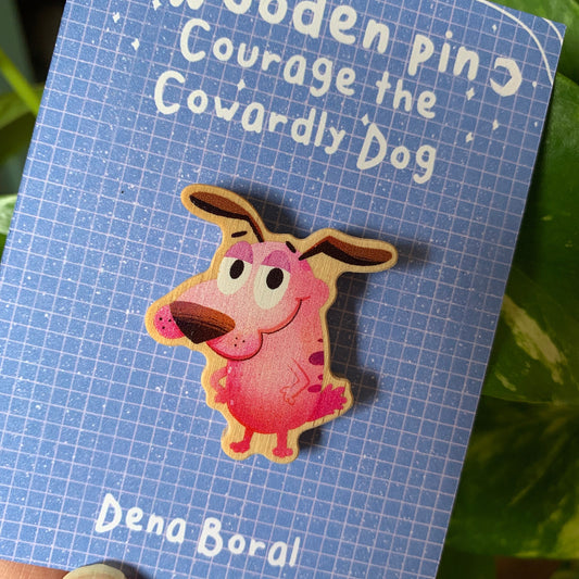 Pin de Madera Agallas el perro cobarde | Courage The Cowardly Dog Natural Wooden Pin Badge | ECO Friendly Pine Wood