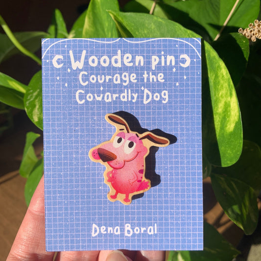 Pin de Madera Agallas el perro cobarde | Courage The Cowardly Dog Natural Wooden Pin Badge | ECO Friendly Pine Wood