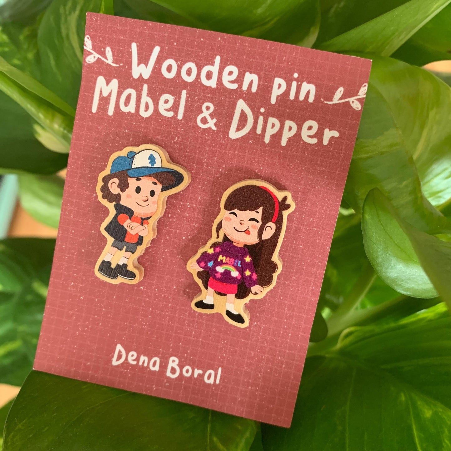 Mabel & Dipper Pin Doble Gravity Falls Pin de Madera Natural