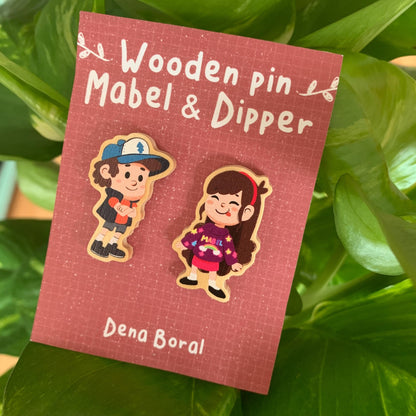 Mabel & Dipper Pin Doble Gravity Falls Pin de Madera Natural