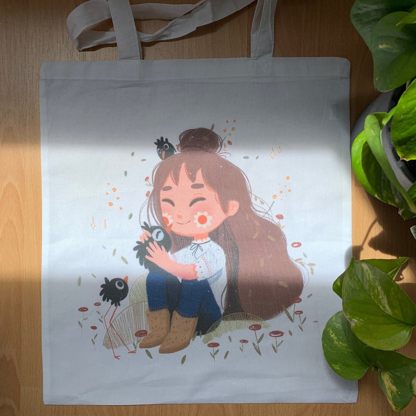 Tote Bag Birds | Bolsa Tela Ilustración Original Dena Boral | 100% Algodón 40x40cm 16x16inch