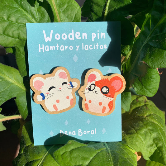 2 Pin Pack Hamtaro y Lacitos Bijou Pin de Madera Natural Ecofriendly Broche Mochila