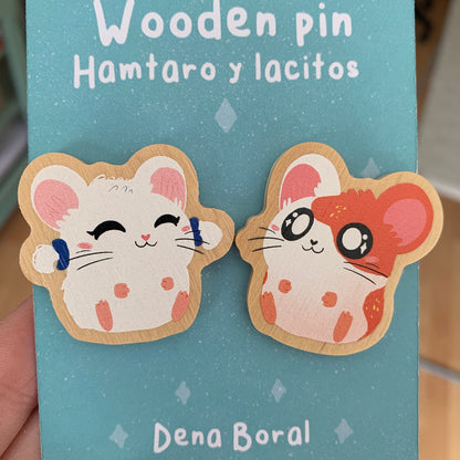 2 Pin Pack Hamtaro y Lacitos Bijou Pin de Madera Natural Ecofriendly Broche Mochila