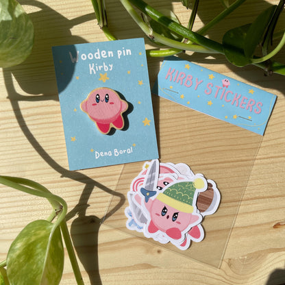 Kirby Fan Pack, Pegatinas y pin de madera natural de la colección Kirby, fanart de Nintendo