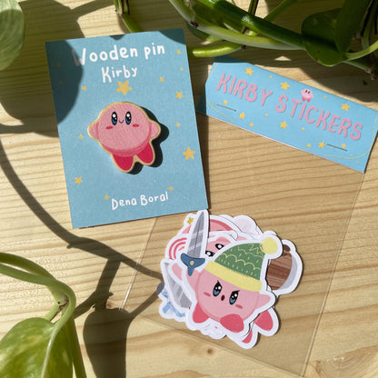 Kirby Fan Pack, Pegatinas y pin de madera natural de la colección Kirby, fanart de Nintendo